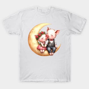 Valentine Pig Couple on Moon T-Shirt